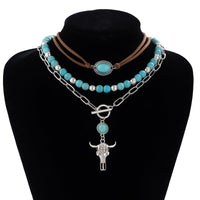 Thumbnail for Chic Layered Toggle Clasp Bull Pendant Turquoise Chain Velvet Necklace Set - ArtGalleryZen