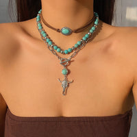 Thumbnail for Chic Layered Toggle Clasp Bull Pendant Turquoise Chain Velvet Necklace Set