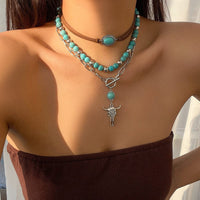 Thumbnail for Chic Layered Toggle Clasp Bull Pendant Turquoise Chain Velvet Necklace Set