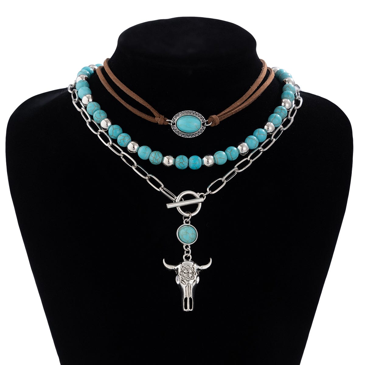 Chic Layered Toggle Clasp Bull Pendant Turquoise Chain Velvet Necklace Set