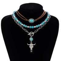 Thumbnail for Chic Layered Toggle Clasp Bull Pendant Turquoise Chain Velvet Necklace Set