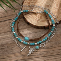 Thumbnail for Chic Layered Toggle Clasp Bull Pendant Turquoise Chain Velvet Necklace Set