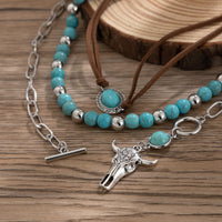 Thumbnail for Chic Layered Toggle Clasp Bull Pendant Turquoise Chain Velvet Necklace Set