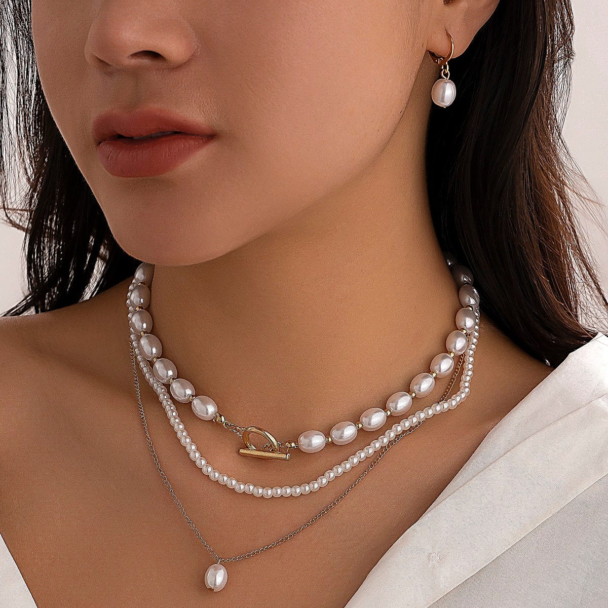 Chic Layered Toggle Clasp Pearl Chain Necklace Earrings Set