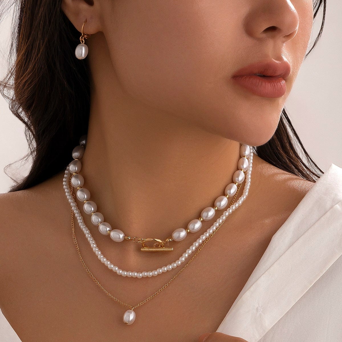 Chic Layered Toggle Clasp Pearl Chain Necklace Earrings Set