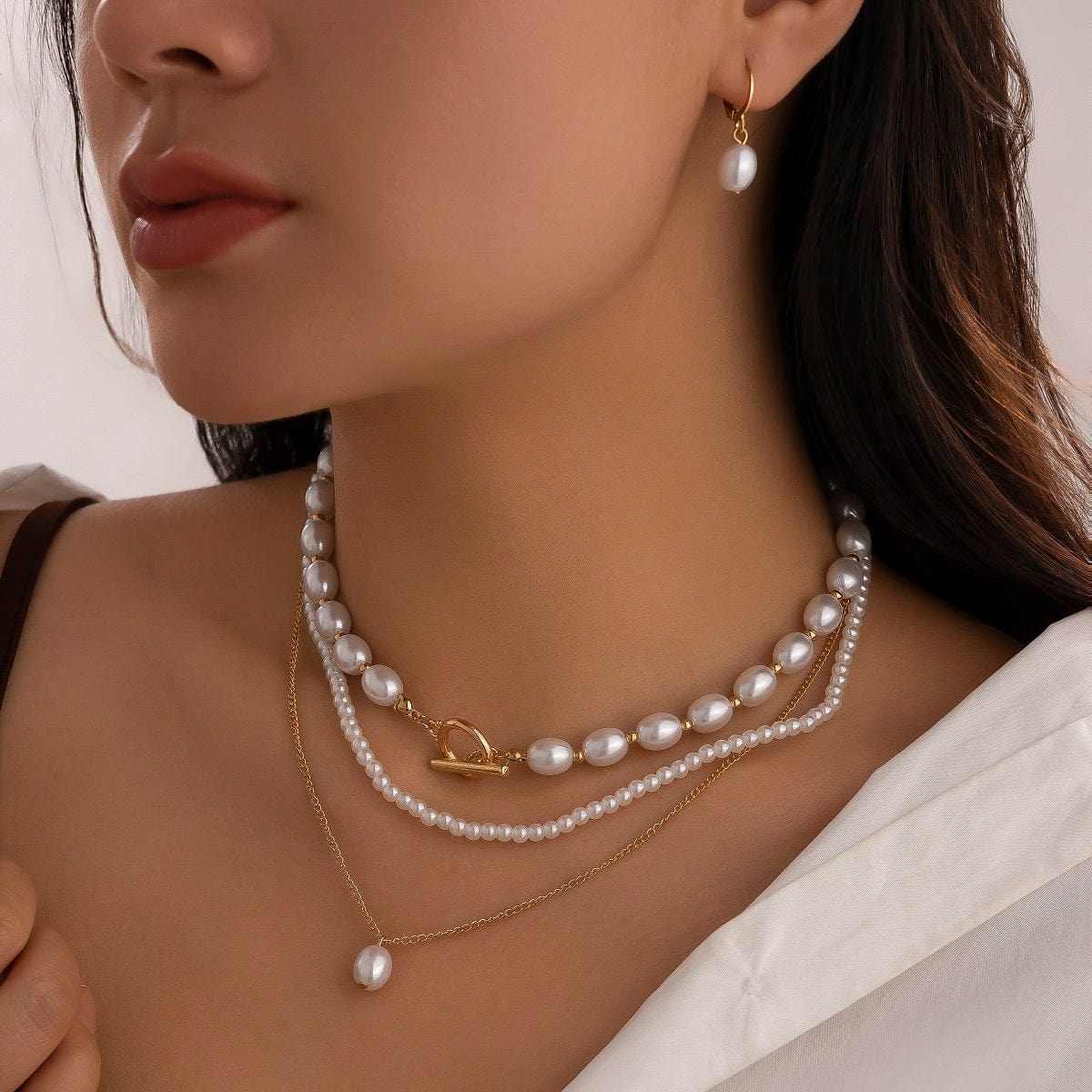 Chic Layered Toggle Clasp Pearl Chain Necklace Earrings Set