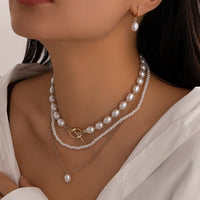 Thumbnail for Chic Layered Toggle Clasp Pearl Chain Necklace Earrings Set