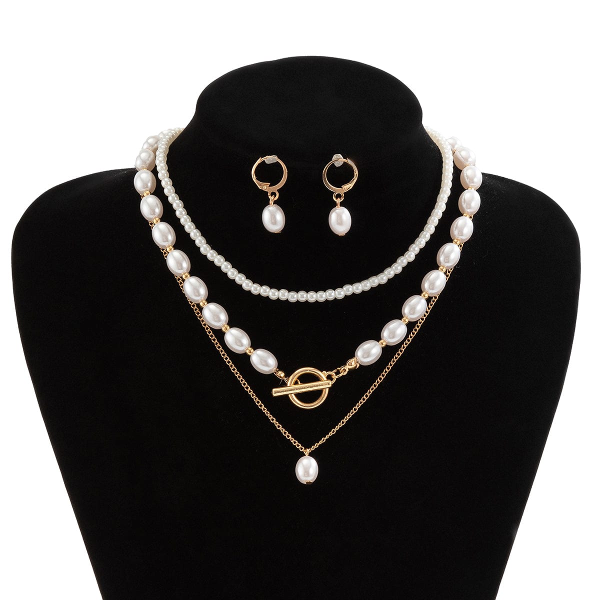 Chic Layered Toggle Clasp Pearl Chain Necklace Earrings Set