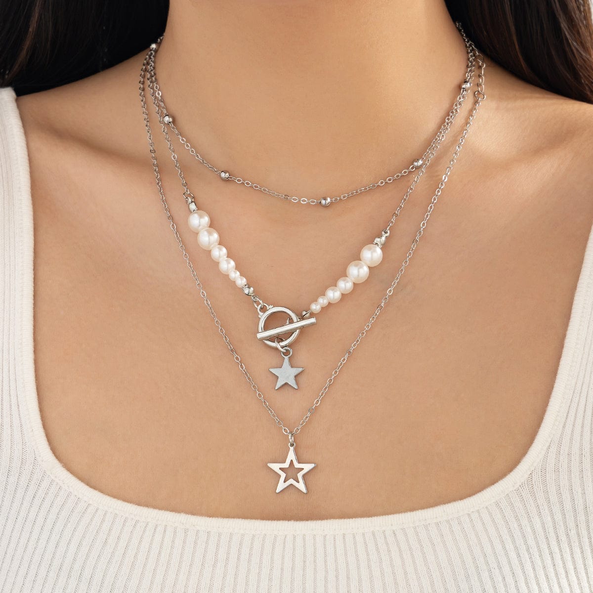 Chic Layered Toggle Clasp Star Charm Pearl Chain Necklace Set