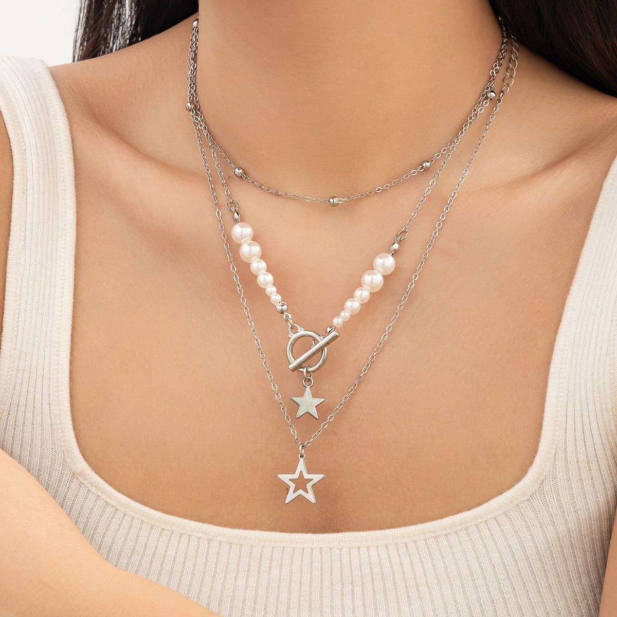 Chic Layered Toggle Clasp Star Charm Pearl Chain Necklace Set