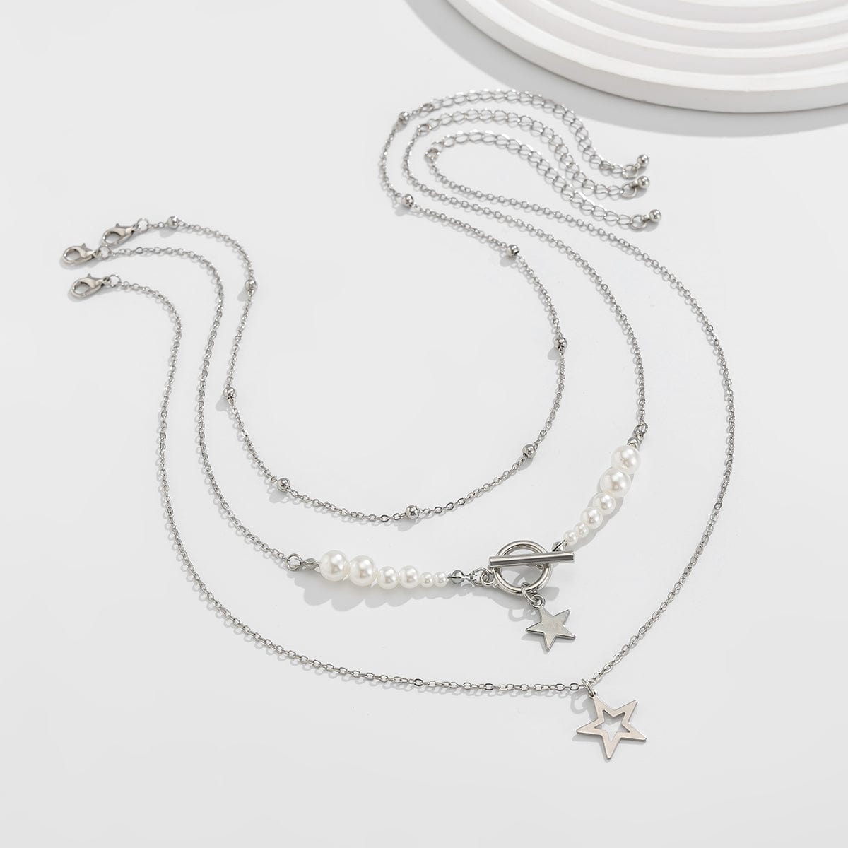 Chic Layered Toggle Clasp Star Charm Pearl Chain Necklace Set