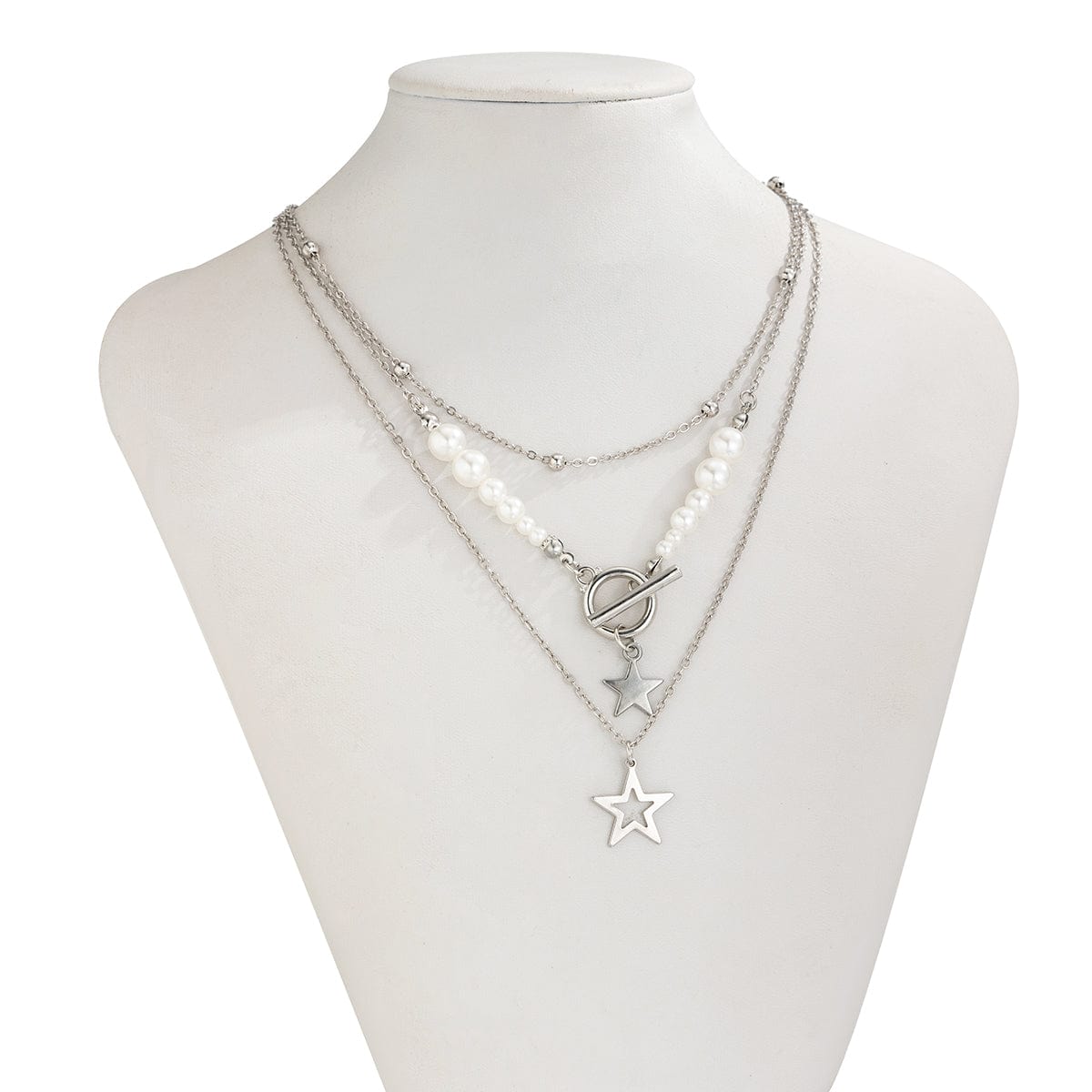 Chic Layered Toggle Clasp Star Charm Pearl Chain Necklace Set