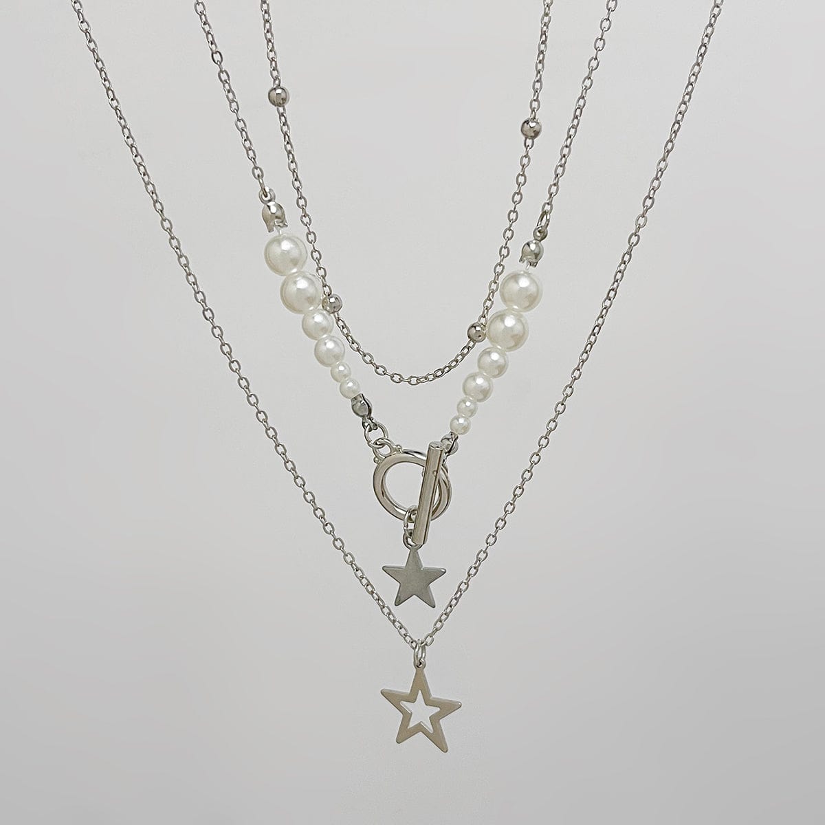 Chic Layered Toggle Clasp Star Charm Pearl Chain Necklace Set