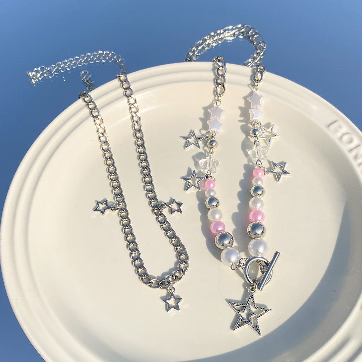 Chic Layered Toggle Clasp Star Tassel Pearl Crystal Chain Necklace Set