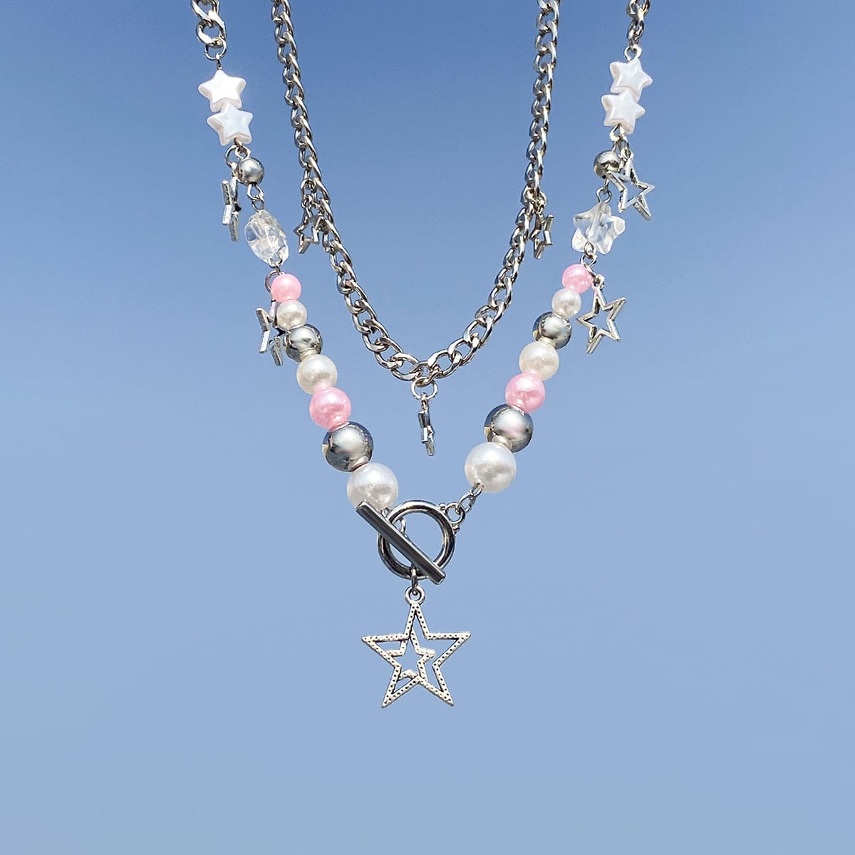 Chic Layered Toggle Clasp Star Tassel Pearl Crystal Chain Necklace Set