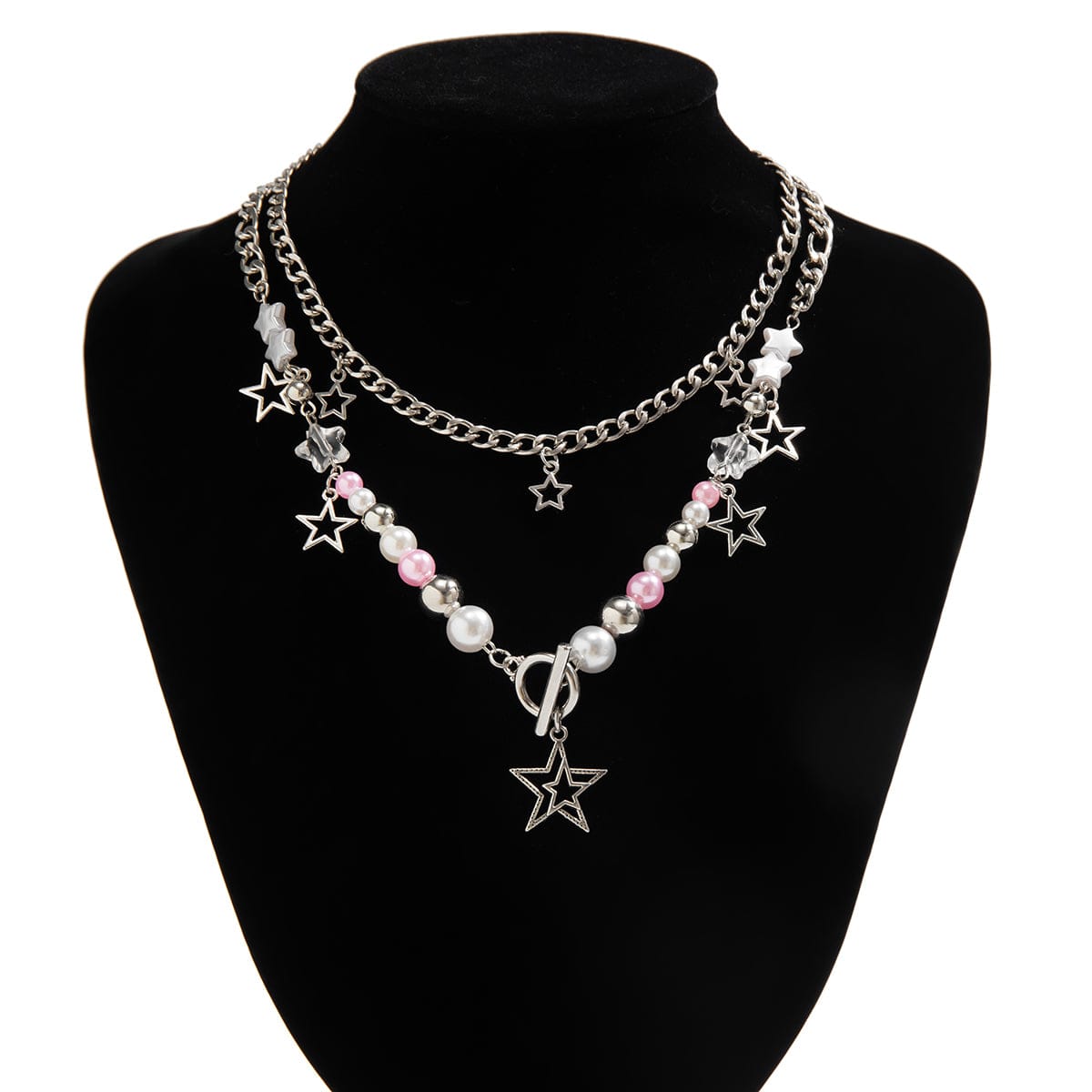 Chic Layered Toggle Clasp Star Tassel Pearl Crystal Chain Necklace Set