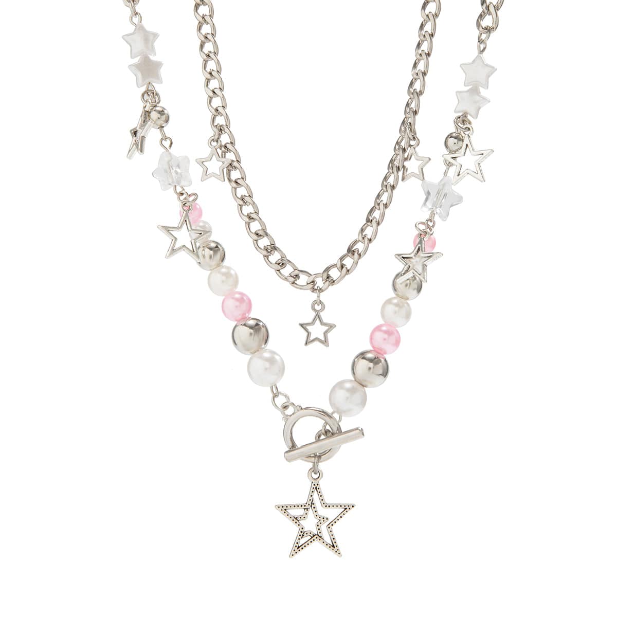 Chic Layered Toggle Clasp Star Tassel Pearl Crystal Chain Necklace Set