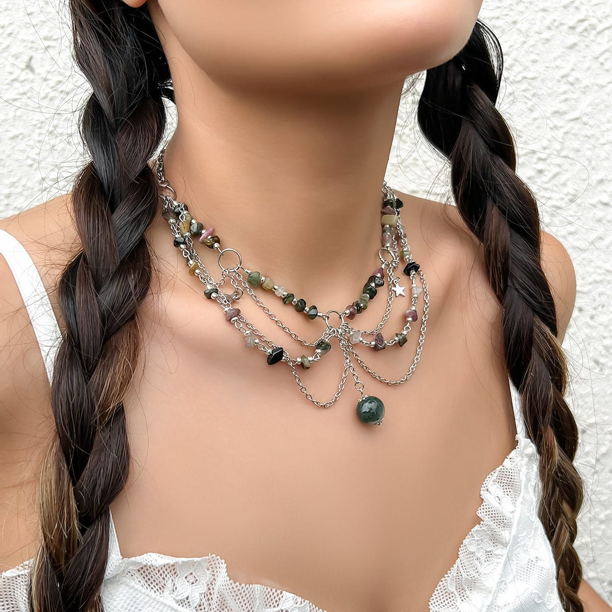 Chic Layered Turquoise Stone Tassel Necklace - ArtGalleryZen
