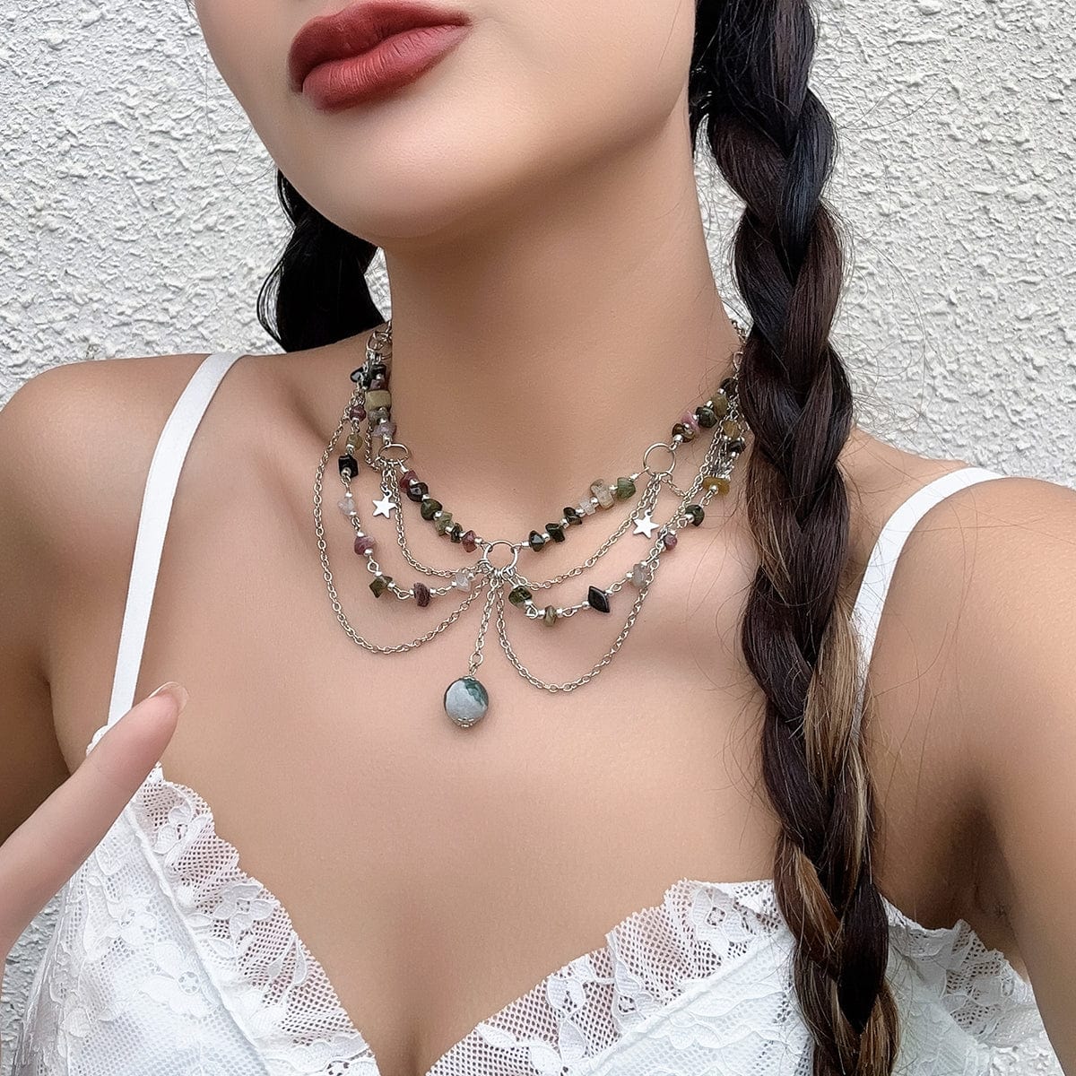 Chic Layered Turquoise Stone Tassel Necklace - ArtGalleryZen