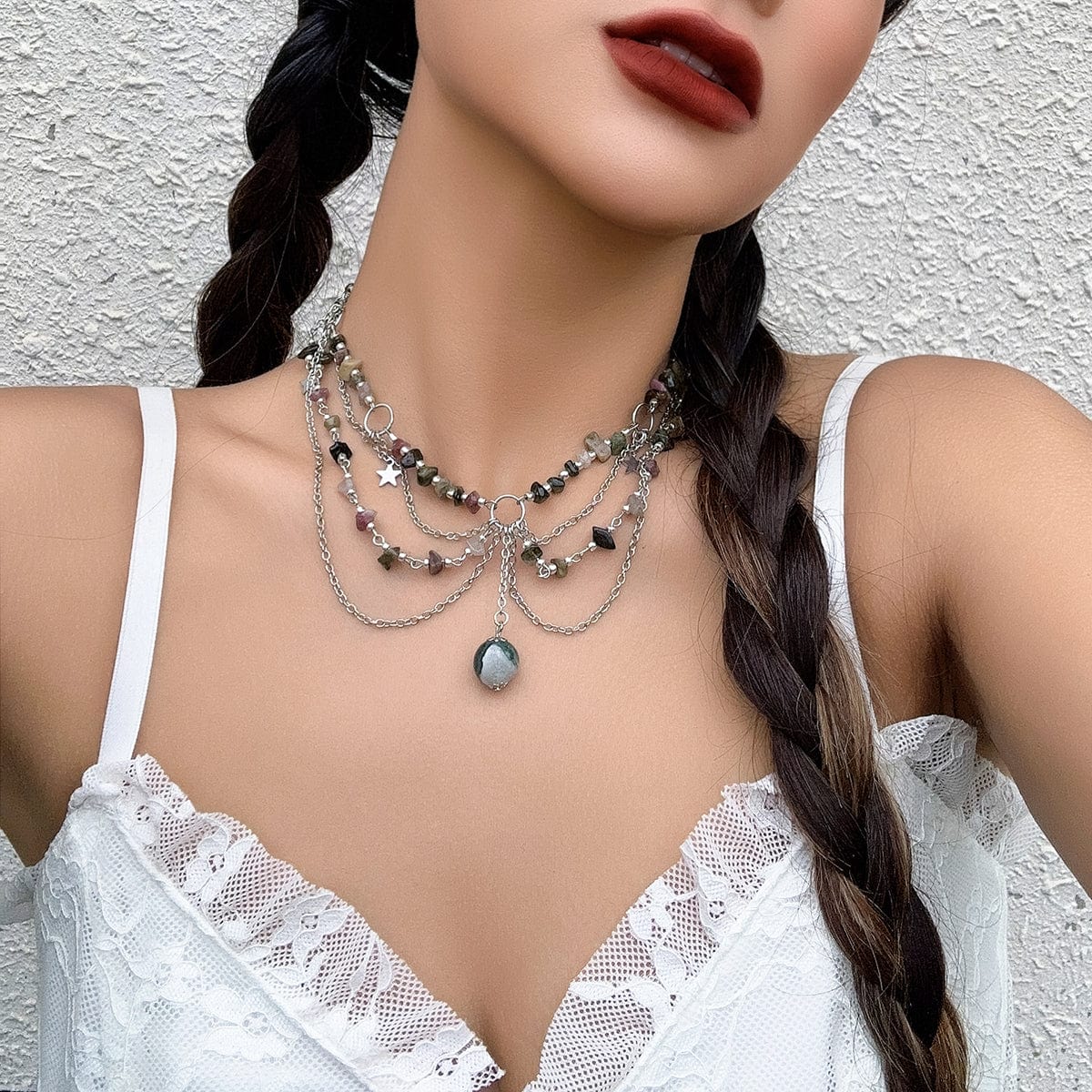 Chic Layered Turquoise Stone Tassel Necklace - ArtGalleryZen