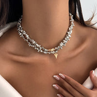 Thumbnail for Chic Layered Two Tone Heart Charm Irregular Beaded Choker Necklace Set - ArtGalleryZen