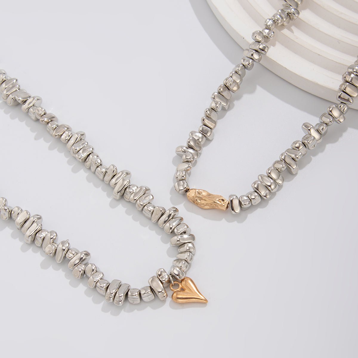 Chic Layered Two Tone Heart Charm Irregular Beaded Choker Necklace Set - ArtGalleryZen