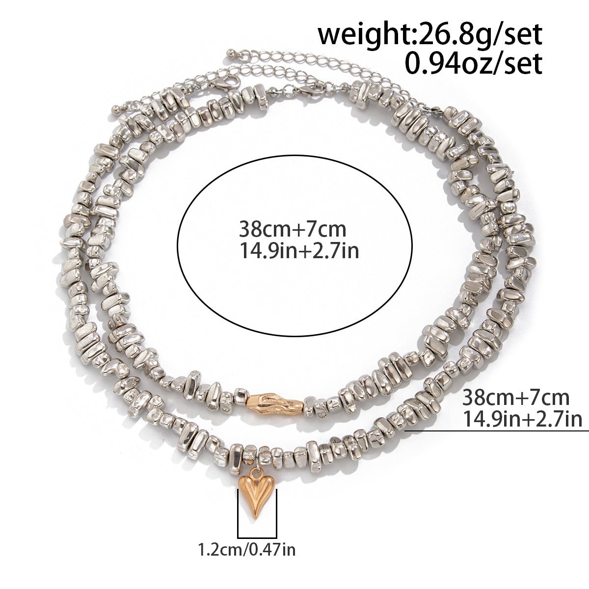 Chic Layered Two Tone Heart Charm Irregular Beaded Choker Necklace Set - ArtGalleryZen
