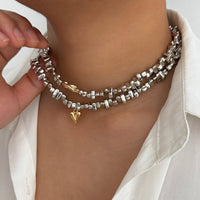 Thumbnail for Chic Layered Two Tone Heart Charm Irregular Beaded Choker Necklace Set - ArtGalleryZen