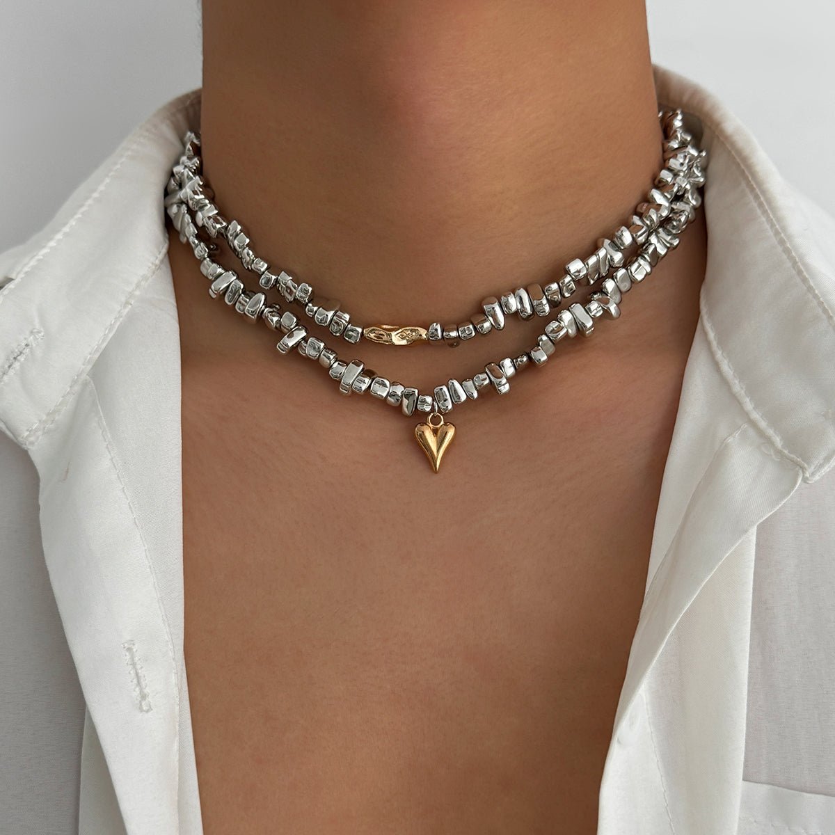 Chic Layered Two Tone Heart Charm Irregular Beaded Choker Necklace Set - ArtGalleryZen