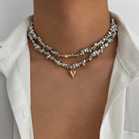 Thumbnail for Chic Layered Two Tone Heart Charm Irregular Beaded Choker Necklace Set - ArtGalleryZen