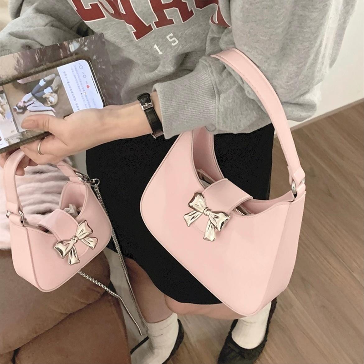 Chic Metallic Bowknot Leather Shoulder Crossbody Bag