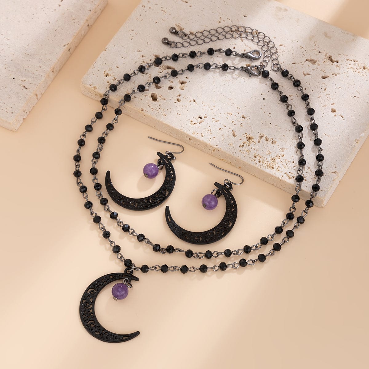 Chic Moon Pendant Crystal Chain Necklace Earrings Set