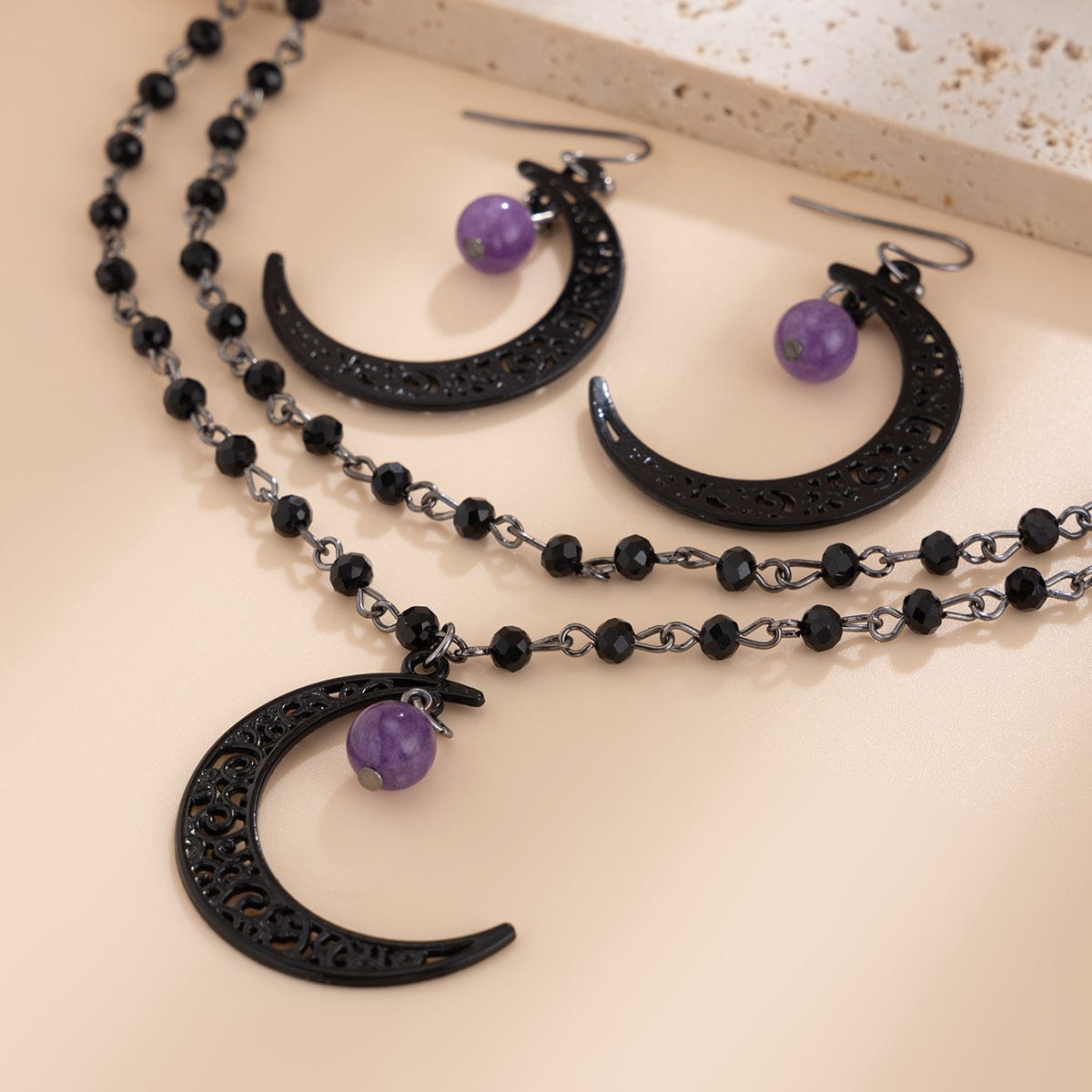 Chic Moon Pendant Crystal Chain Necklace Earrings Set