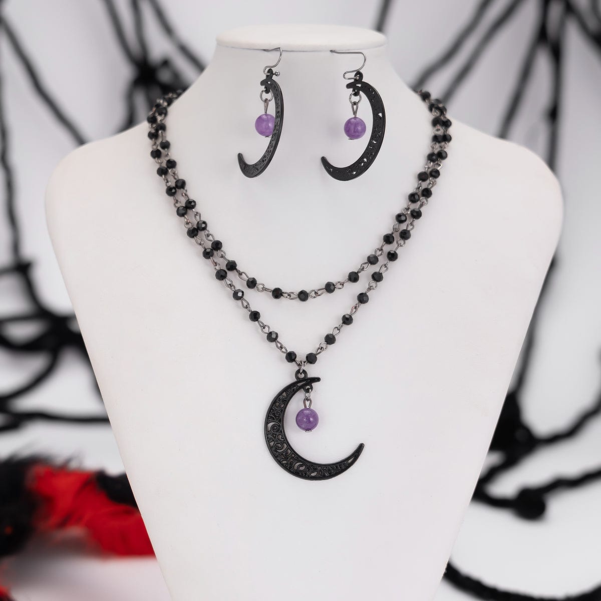 Chic Moon Pendant Crystal Chain Necklace Earrings Set