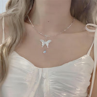 Thumbnail for Chic Natural Pearl Shell Butterfly Pendant Crystal Necklace - ArtGalleryZen