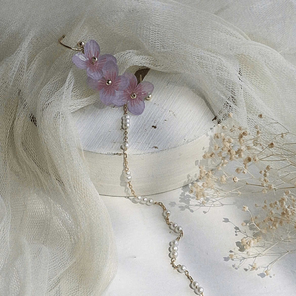 Chic Peach Blossom Flower Pearl Long Chain Ear Clip Earring - ArtGalleryZen