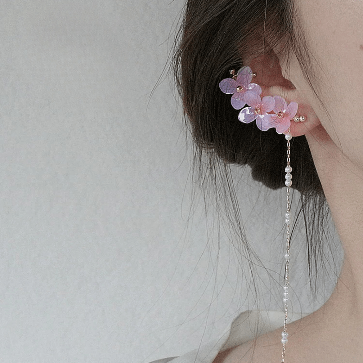 Chic Peach Blossom Flower Pearl Long Chain Ear Clip Earring - ArtGalleryZen
