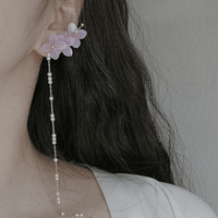 Thumbnail for Chic Peach Blossom Flower Pearl Long Chain Ear Clip Earring