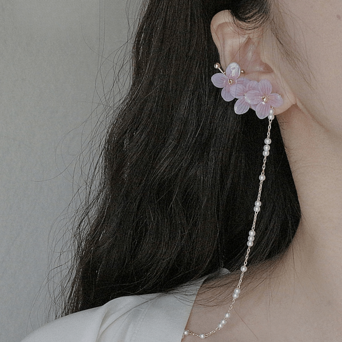 Chic Peach Blossom Flower Pearl Long Chain Ear Clip Earring