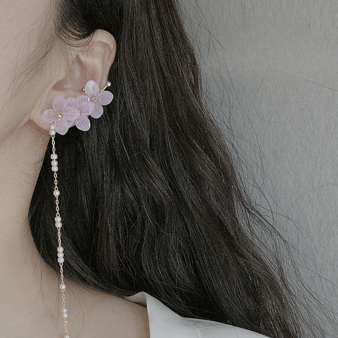 Chic Peach Blossom Flower Pearl Long Chain Ear Clip Earring