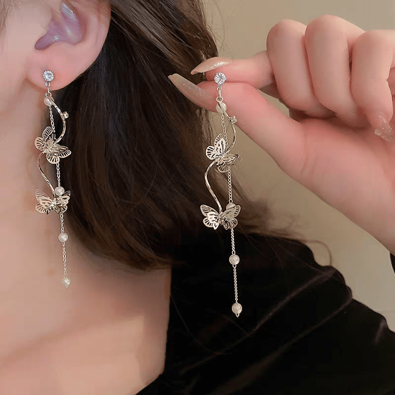 Chic Pearl Chain Butterfly Dangle Earrings - ArtGalleryZen