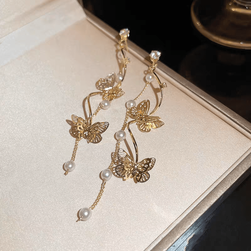 Chic Pearl Chain Butterfly Dangle Earrings - ArtGalleryZen