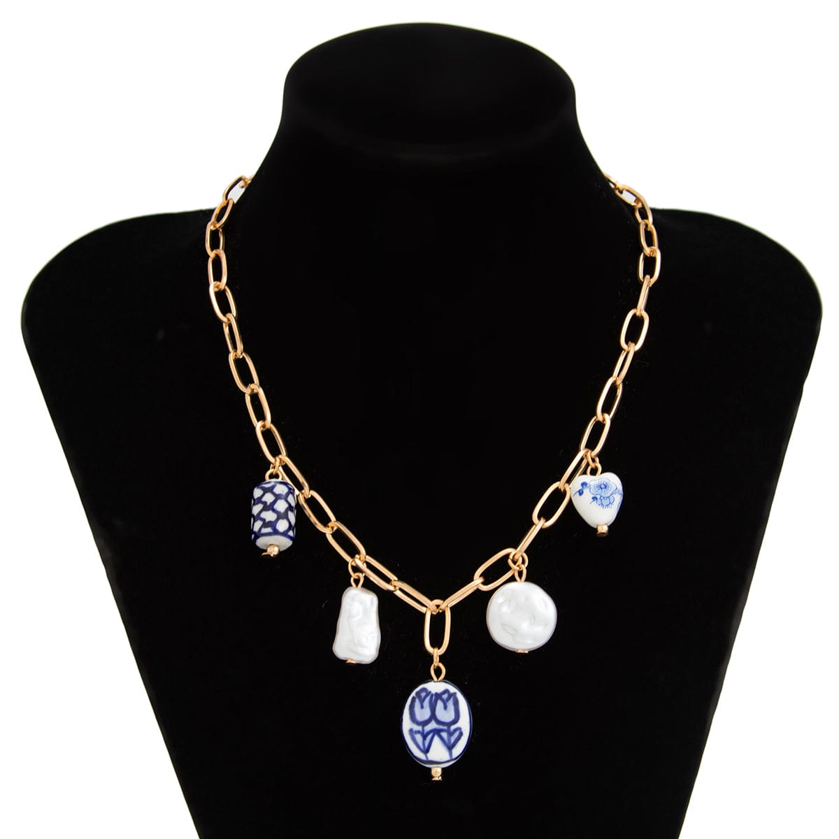 Chic Pearl Floral Heart Ceramics Pendant Cable Chain Necklace - ArtGalleryZen