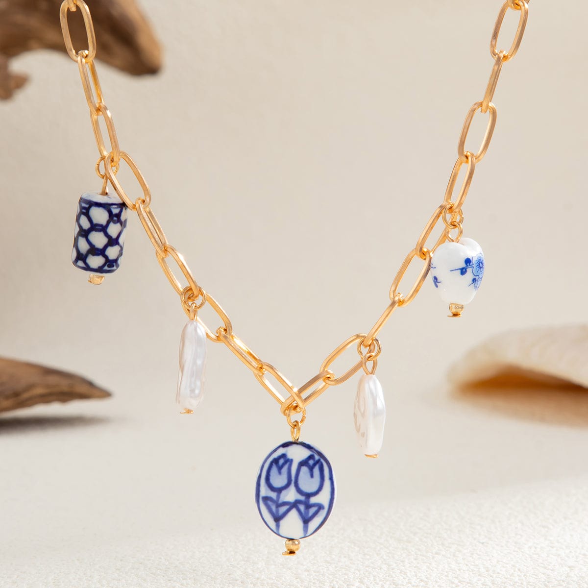 Chic Pearl Floral Heart Ceramics Pendant Cable Chain Necklace - ArtGalleryZen