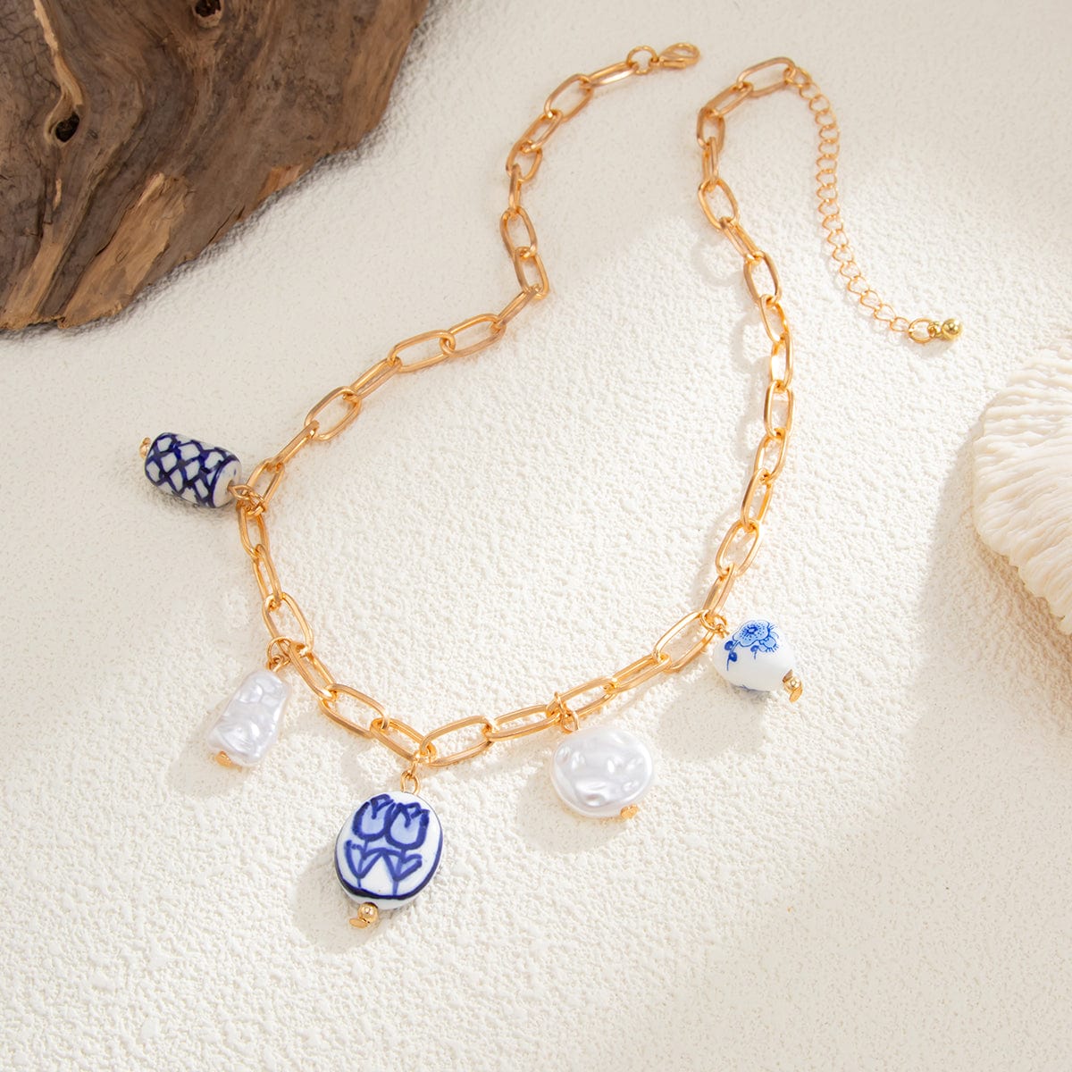 Chic Pearl Floral Heart Ceramics Pendant Cable Chain Necklace - ArtGalleryZen