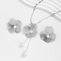 Thumbnail for Chic Pearl Flower Pendant Herringbone Chain Necklace Earrings Set - ArtGalleryZen