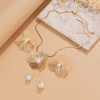 Thumbnail for Chic Pearl Flower Pendant Herringbone Chain Necklace Earrings Set