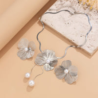 Thumbnail for Chic Pearl Flower Pendant Herringbone Chain Necklace Earrings Set