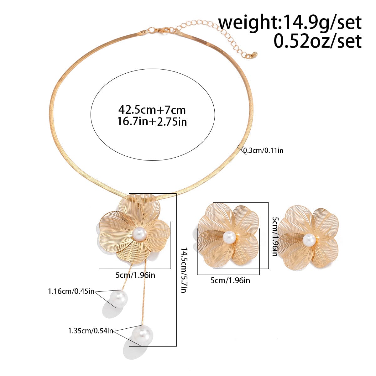 Chic Pearl Flower Pendant Herringbone Chain Necklace Earrings Set