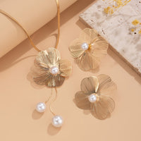 Thumbnail for Chic Pearl Flower Pendant Herringbone Chain Necklace Earrings Set